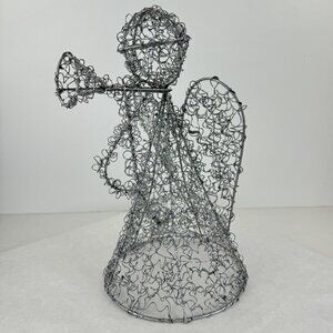Vintage Wire Angel Figurine Trumpet Silver-Tone Glitter Christmas Sculpture 12"
